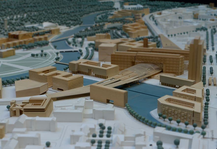 Architectural scale model of a planned riverside development